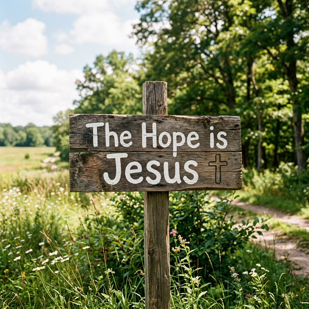 Wooden sign reading 'The Hope is Jesus' with a cross in a grassy rural area
