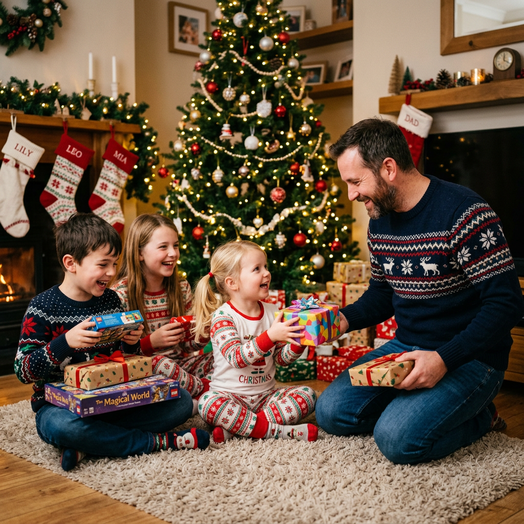 Father and three children exchanging Christmas presents sitting on the floor by a decorated tree