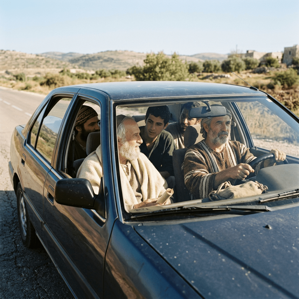 Five men sitting in a blue car on a rural road, engaged in conversation