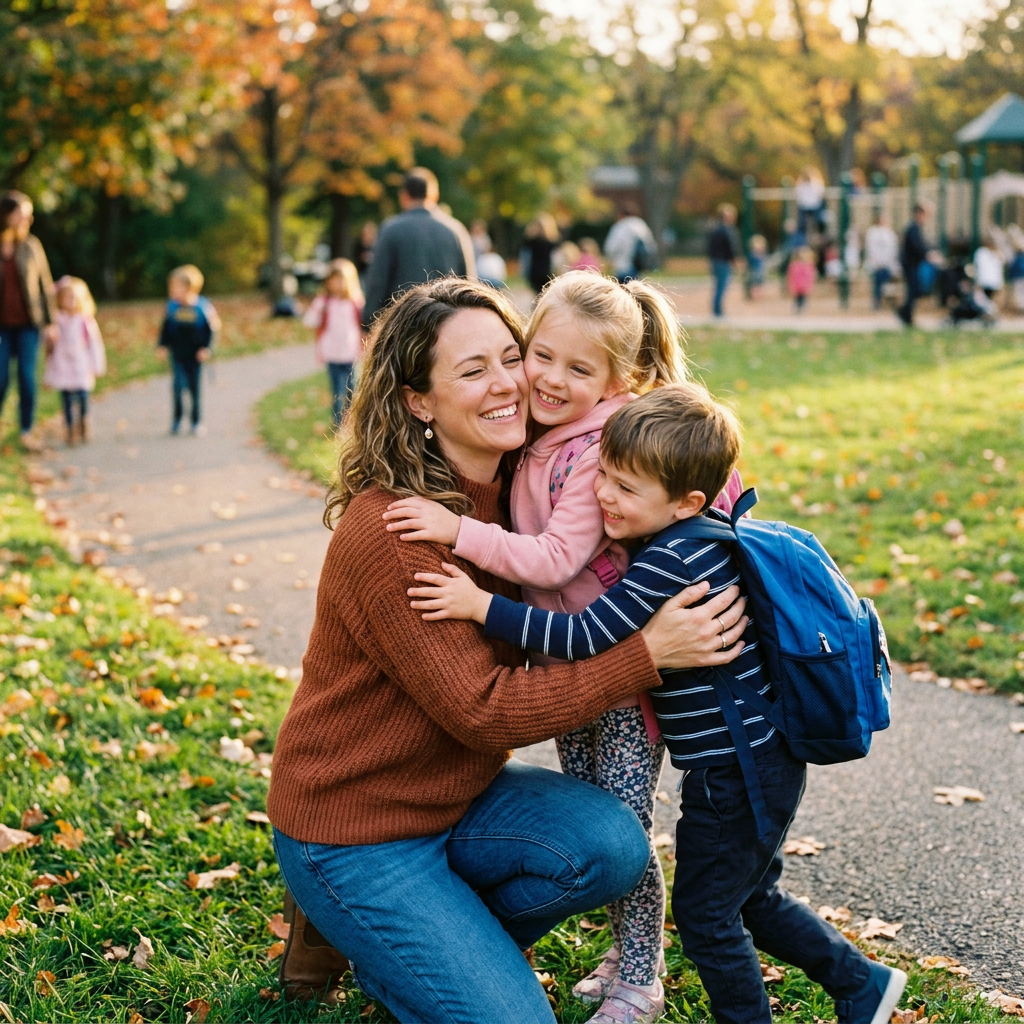 Mother crouching and embracing two young children smiling in a park