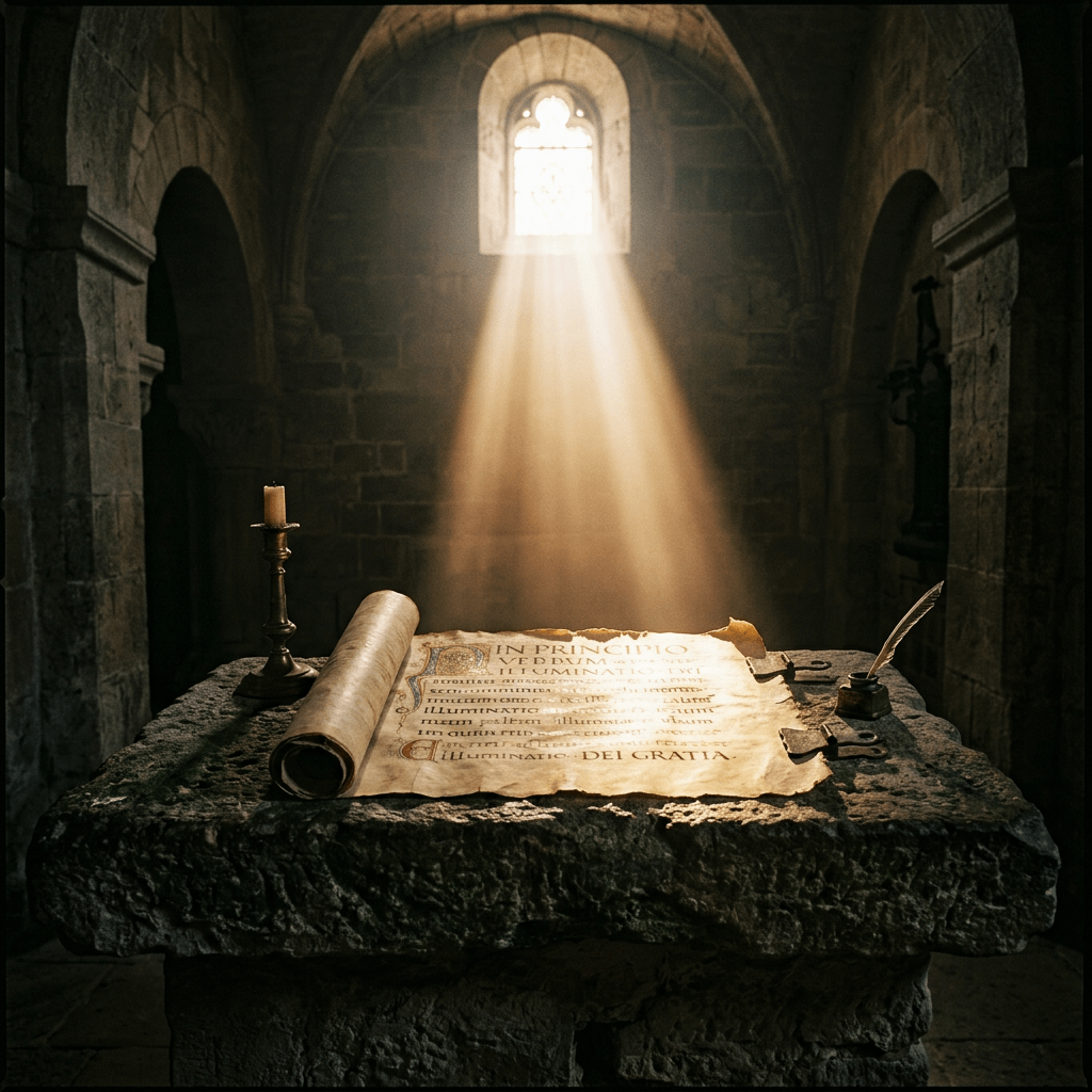 Ancient manuscript on stone altar lit by sunlight from a church window