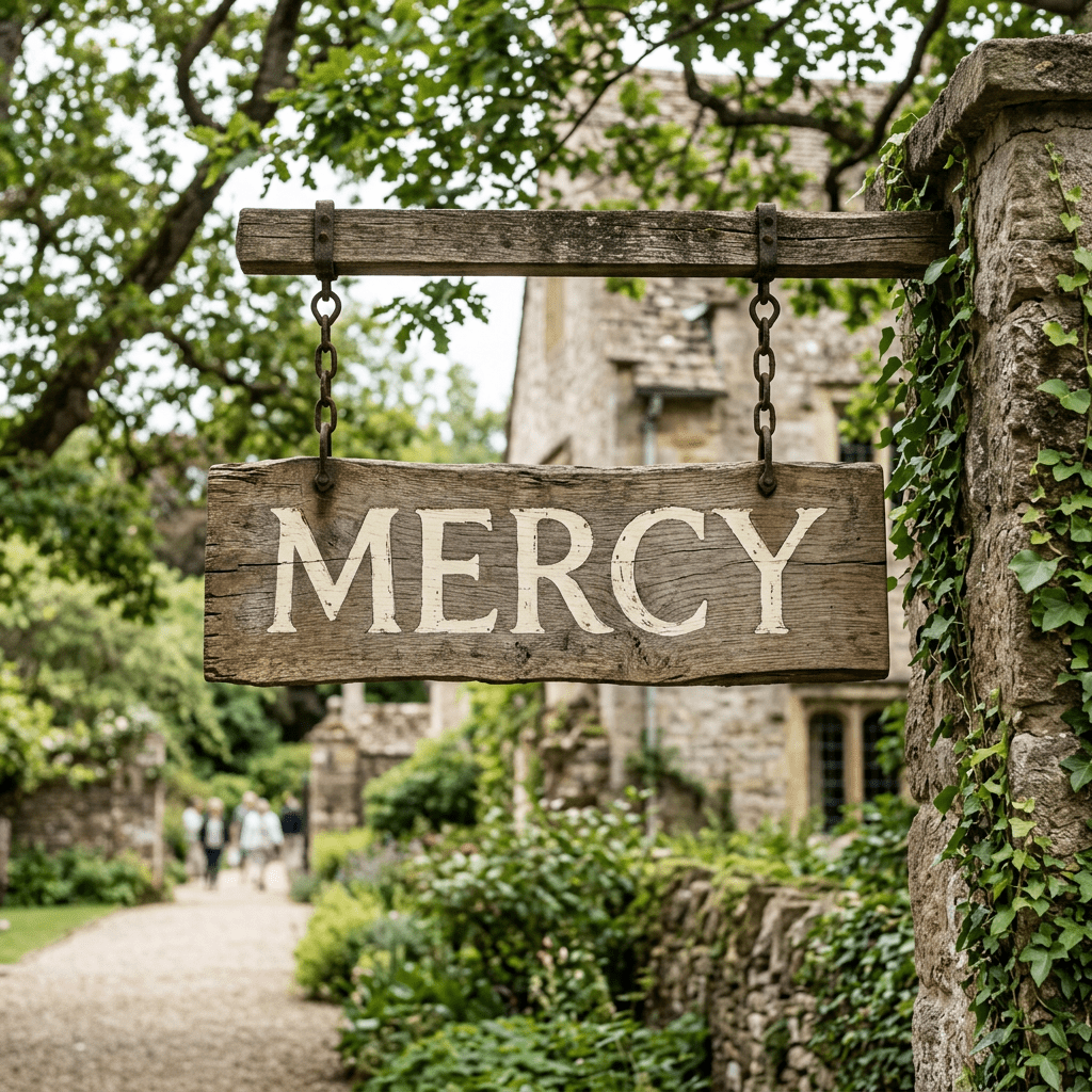 Wooden sign reading MERCY hanging from a wooden beam with greenery and stone buildings in background