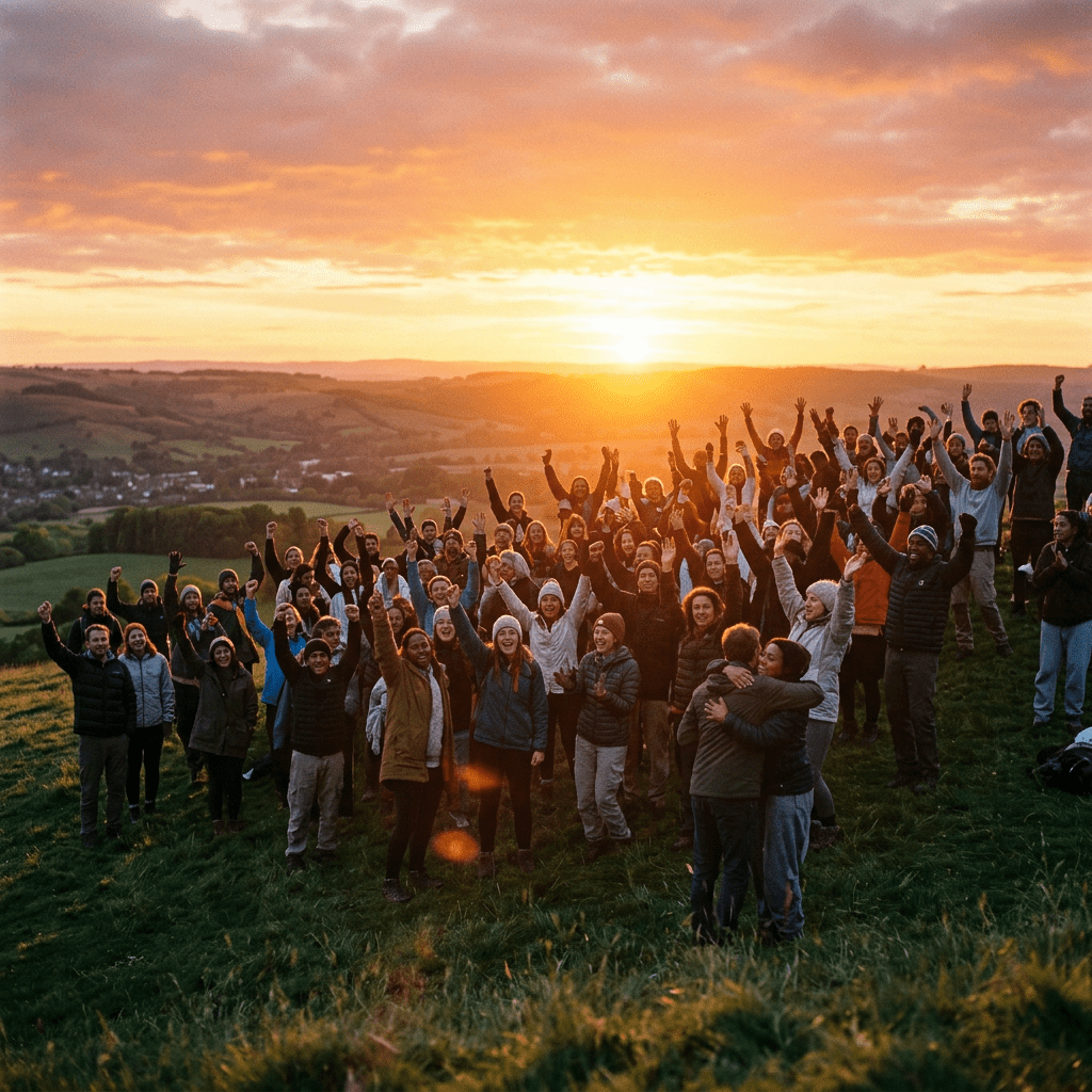 Group of diverse people standing on a grassy hill at sunset with raised arms and smiling faces