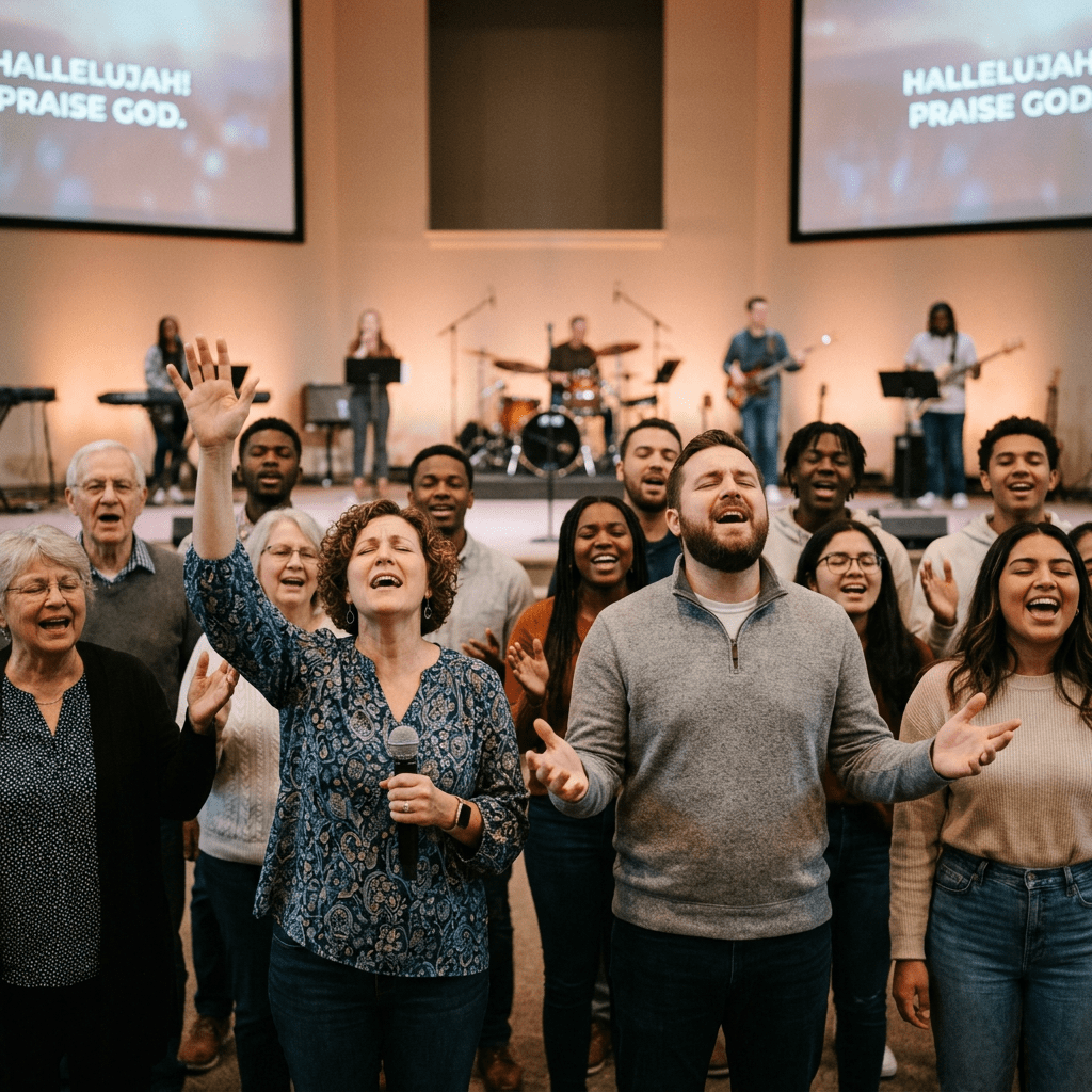 Group of people with eyes closed and hands raised singing worship songs in a church