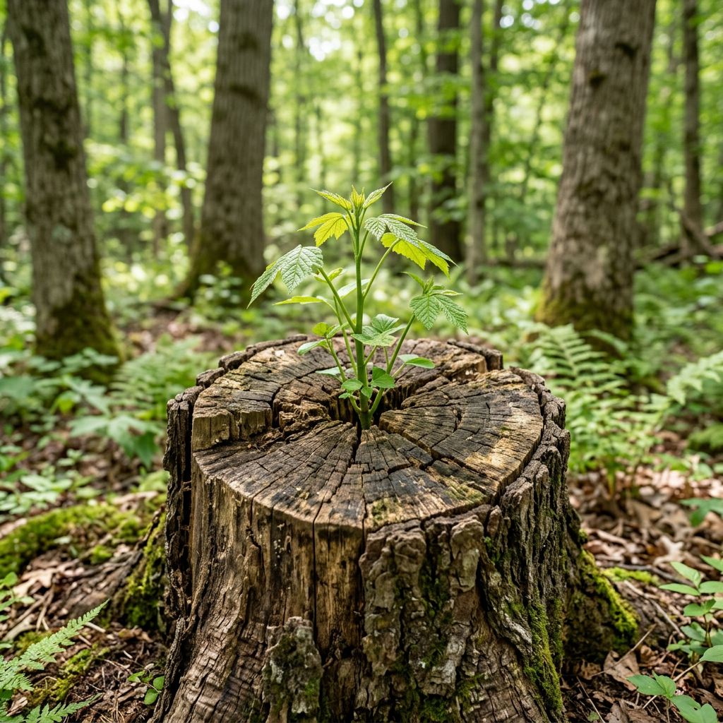Small green plant growing from center of old tree stump in forest