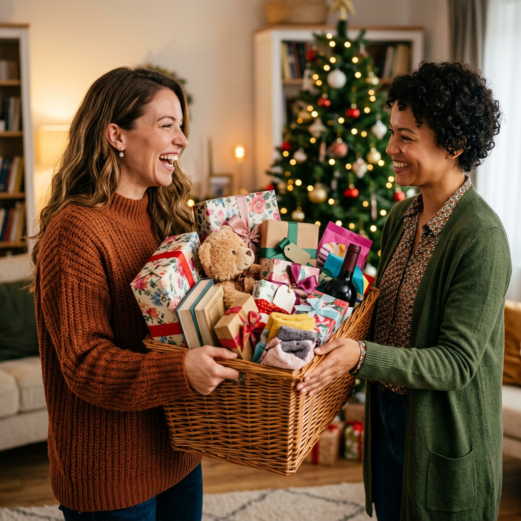 Two women smiling and exchanging a wicker basket filled with wrapped gifts, a teddy bear, books, and a bottle of wine in front of a decorated Christmas tree
