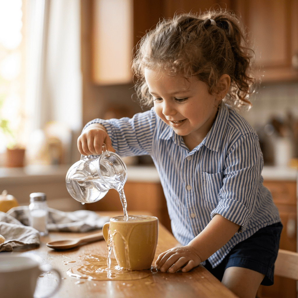 Young child pouring water from a jug into a mug causing a spill on the table