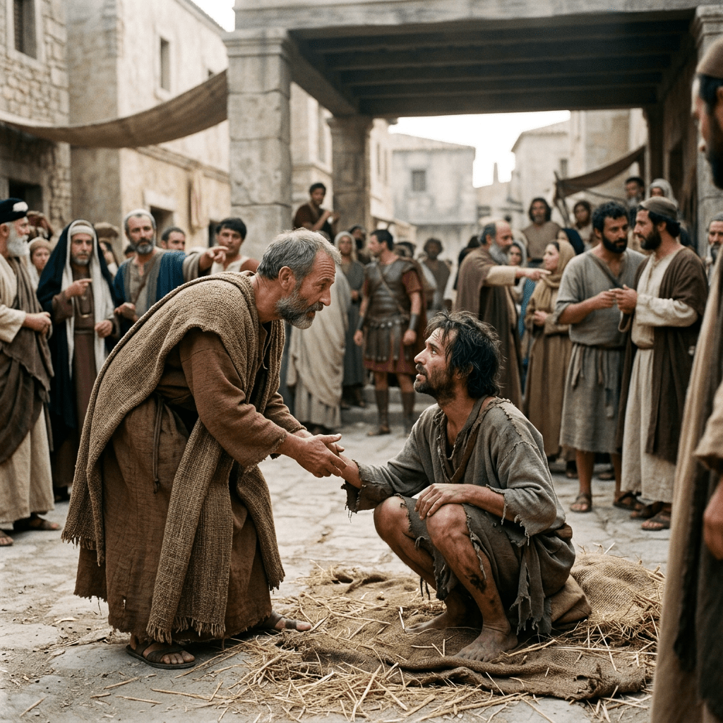 An older man in brown robes comforting and shaking hands with a barefoot younger man in tattered clothing who is crouching on a sack in a village street