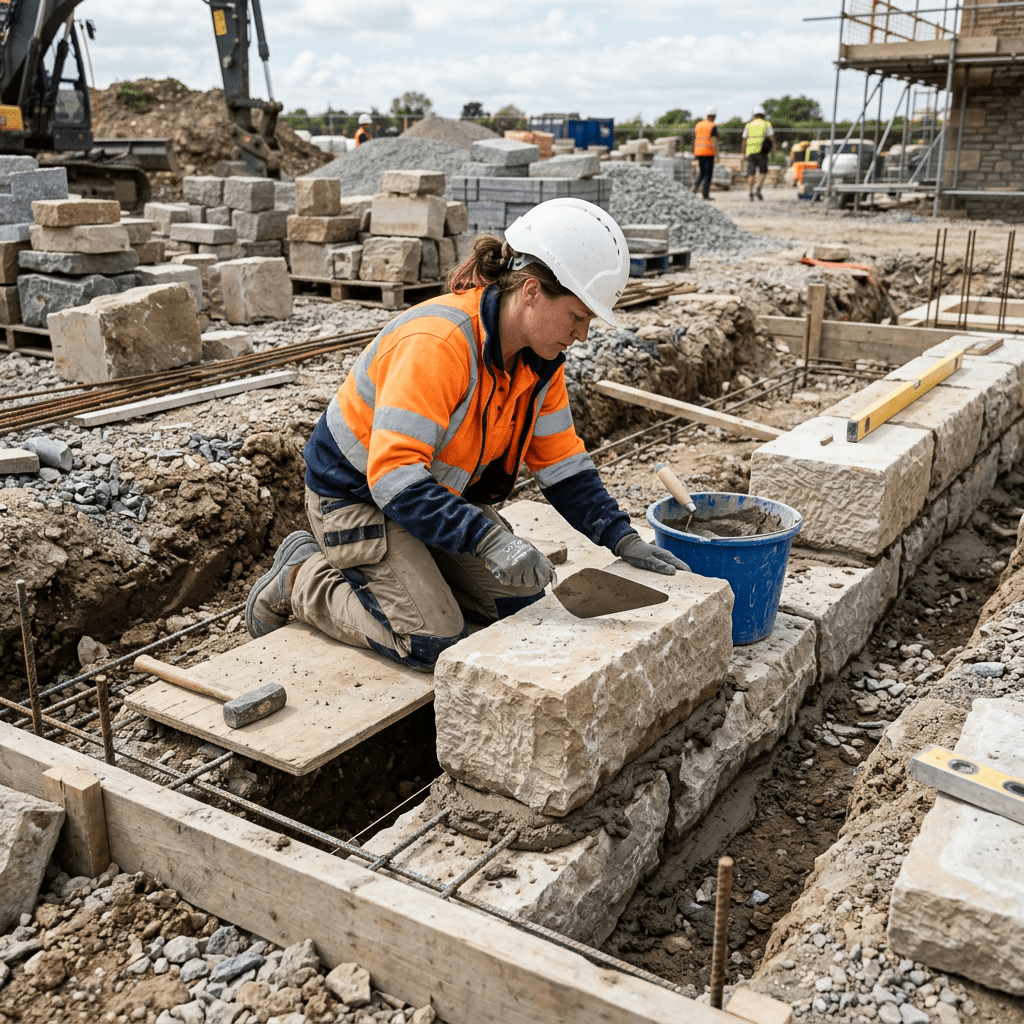 Construction worker in hard hat and high-visibility jacket applying mortar to stone blocks at a construction site