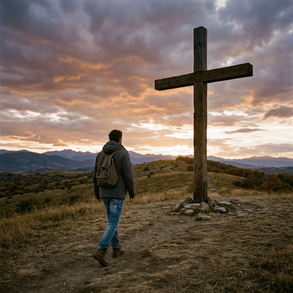 Person walking towards a wooden cross on a hill at sunset with mountains in background