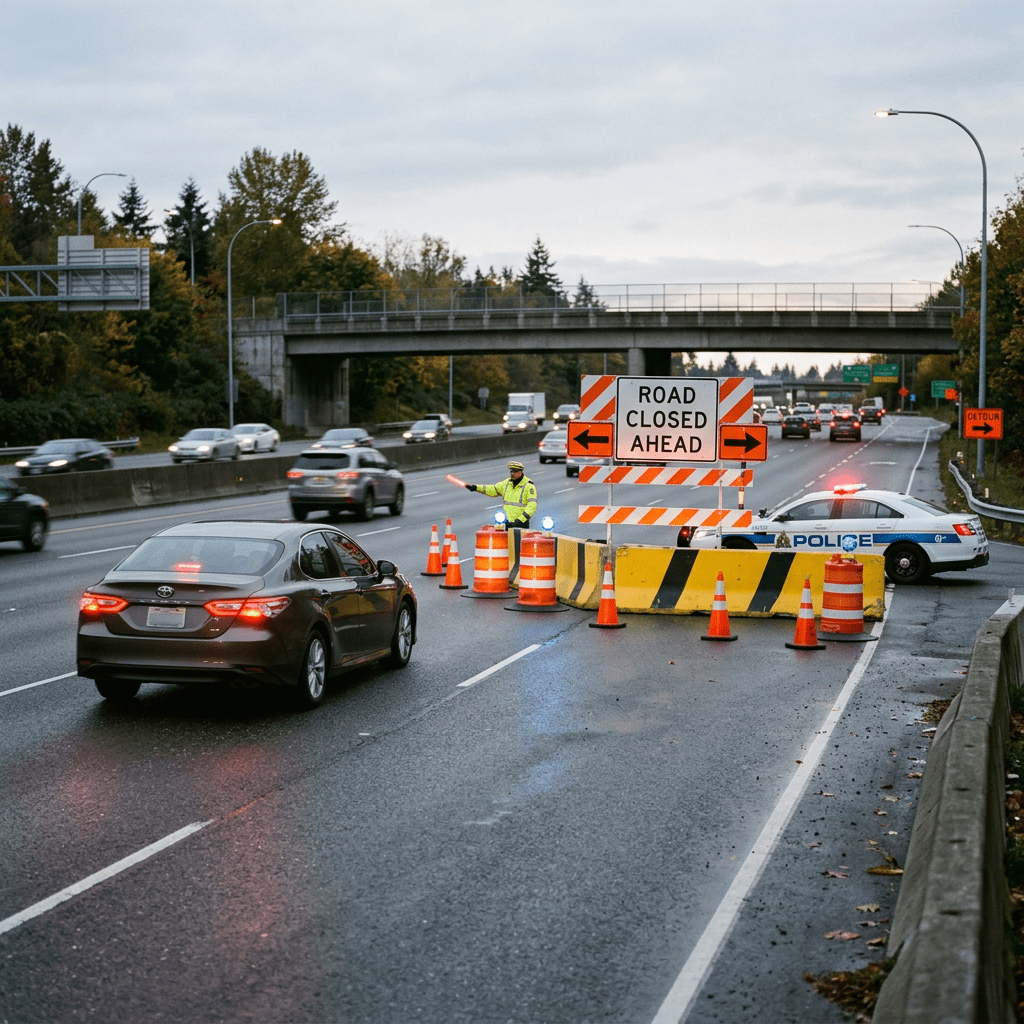 Police officer directing cars at a highway road closure with traffic cones and a police car.