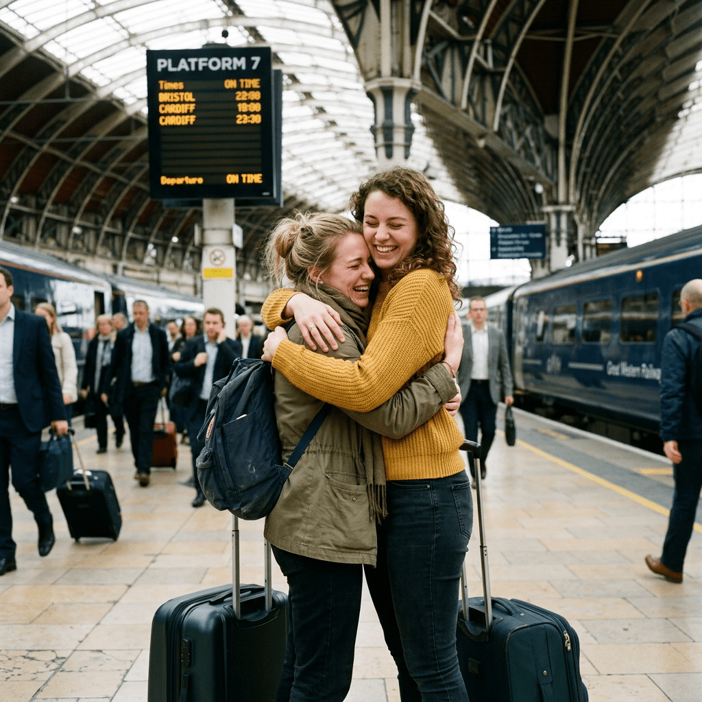 Two women happily hugging on a busy train station platform with luggage