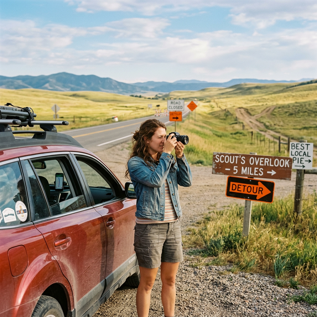 Woman with camera standing beside red car near detour and Scout's Overlook signs