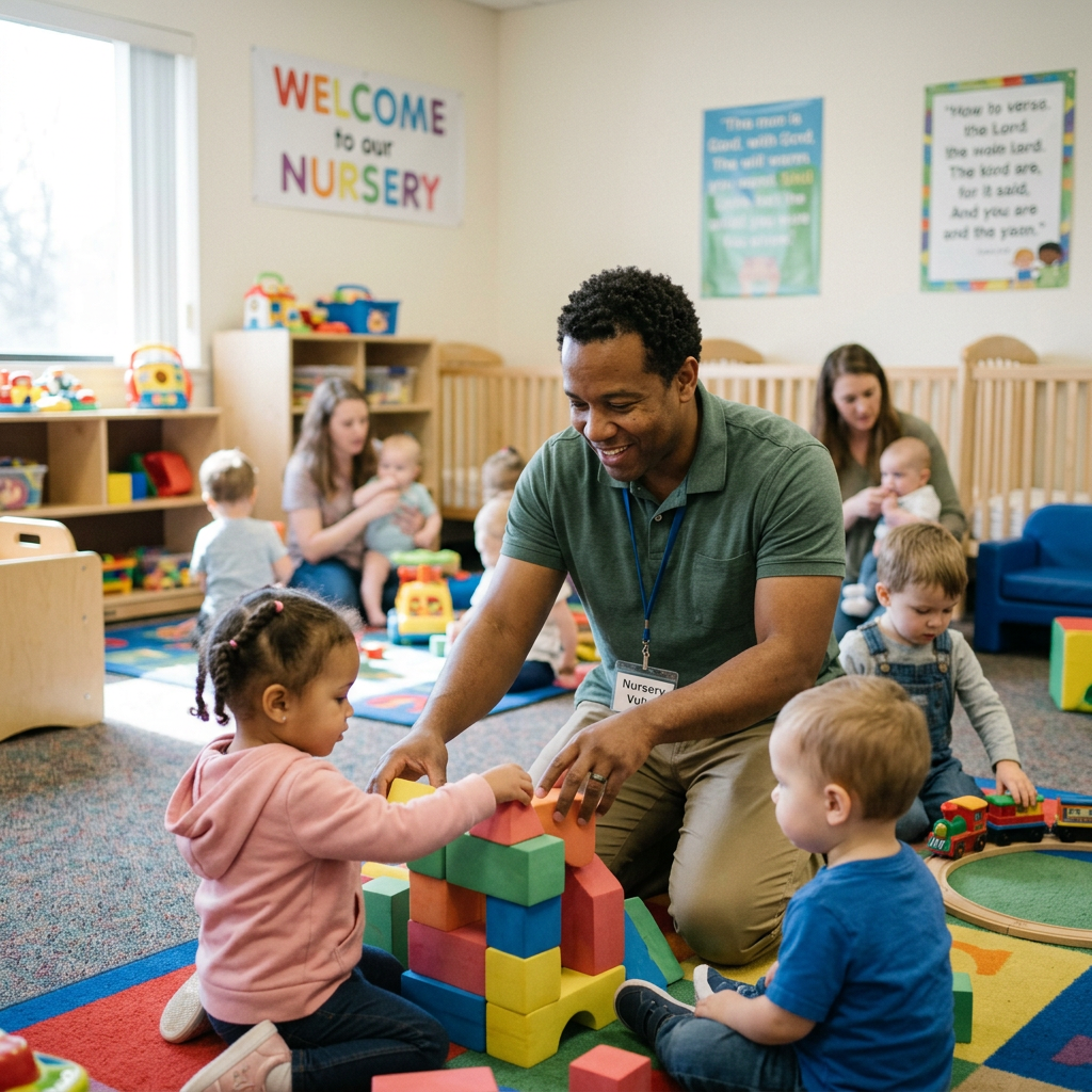 Caregiver playing with toddlers building blocks in nursery room