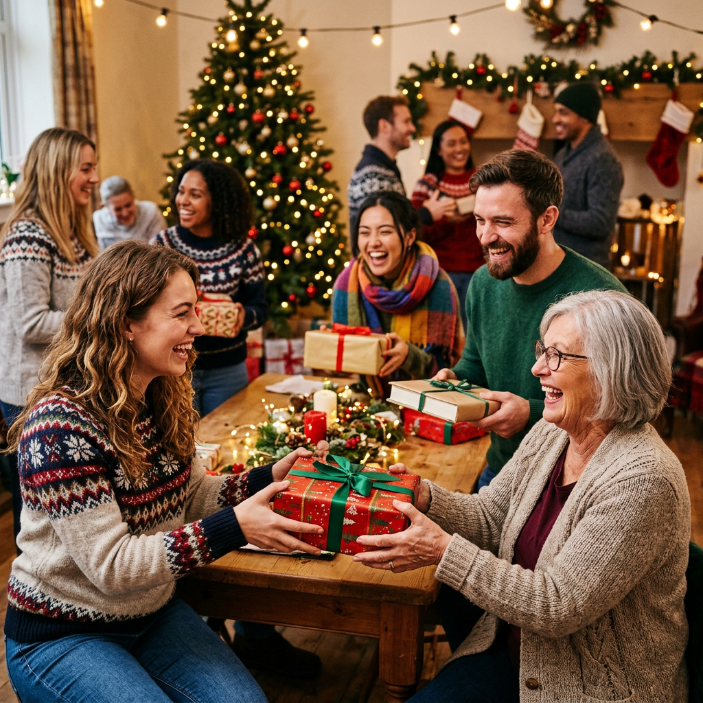 Friends and family exchanging wrapped gifts around a table at Christmas