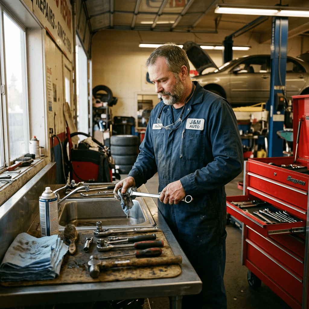 Auto mechanic cleaning a wrench beside tools in a garage
