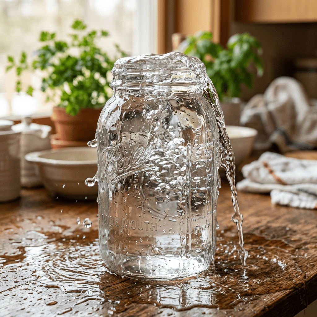 Water overflowing from a glass mason jar onto a wooden table