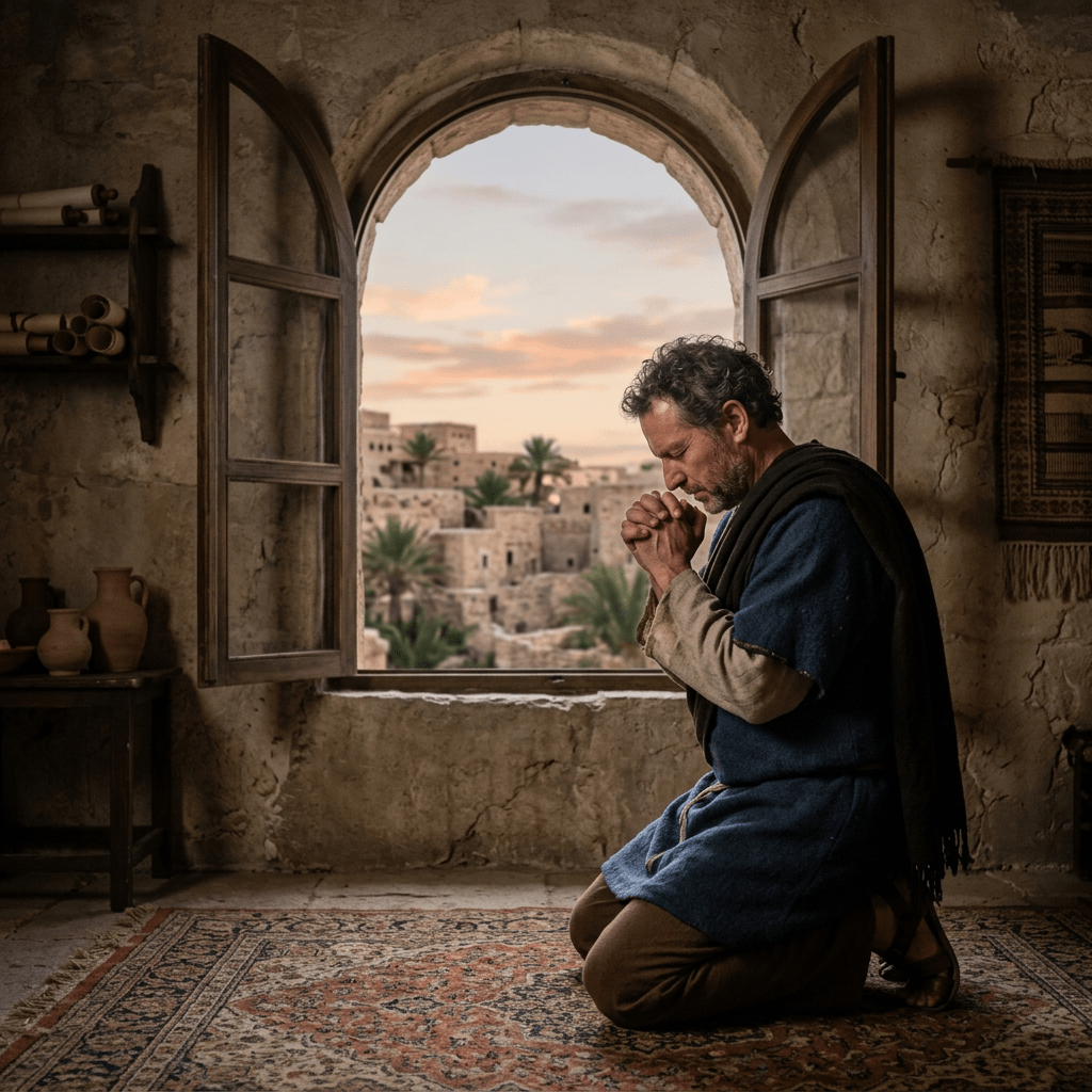 Man kneeling in prayer beside an open window overlooking a desert town