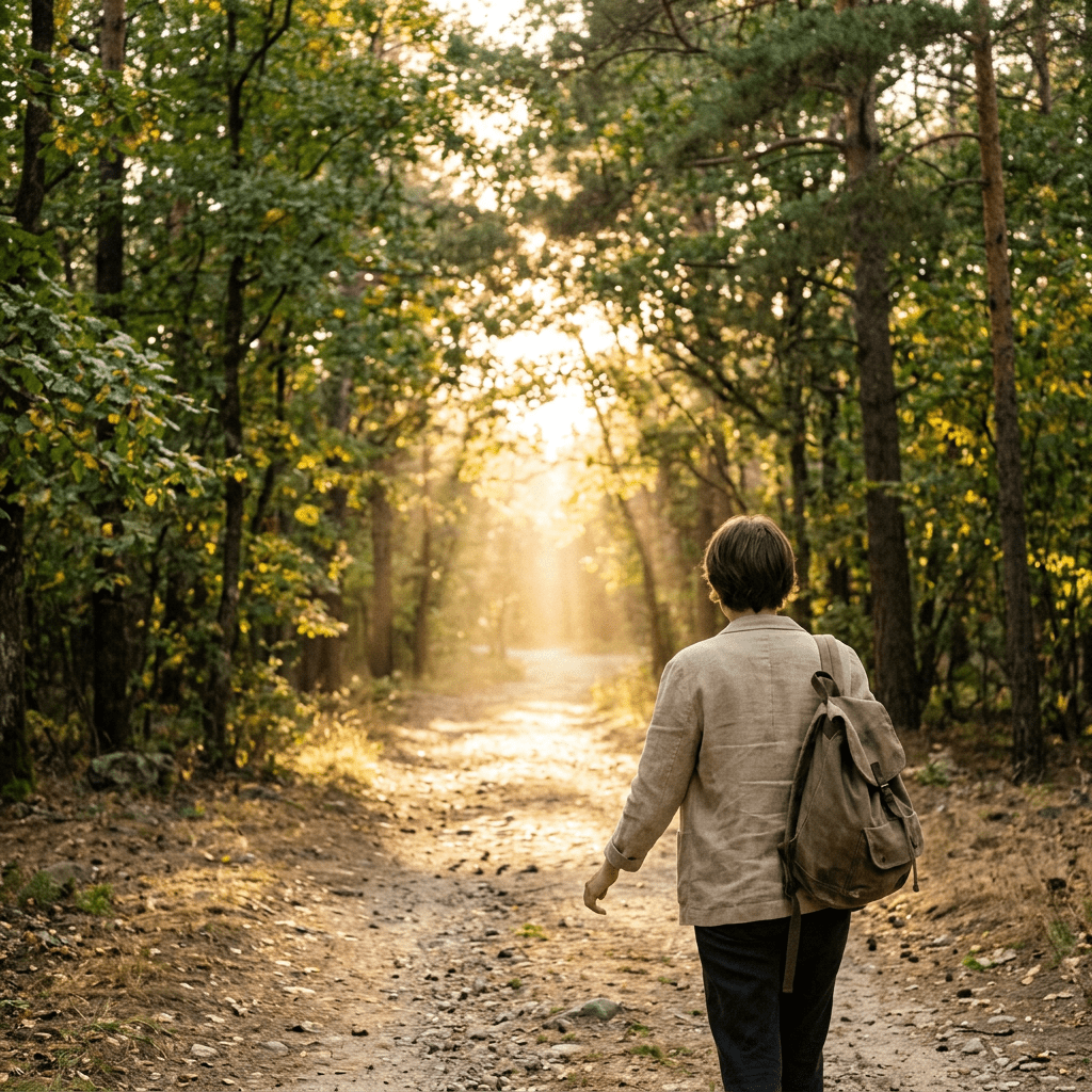 Person with backpack walking along a sunlit forest trail