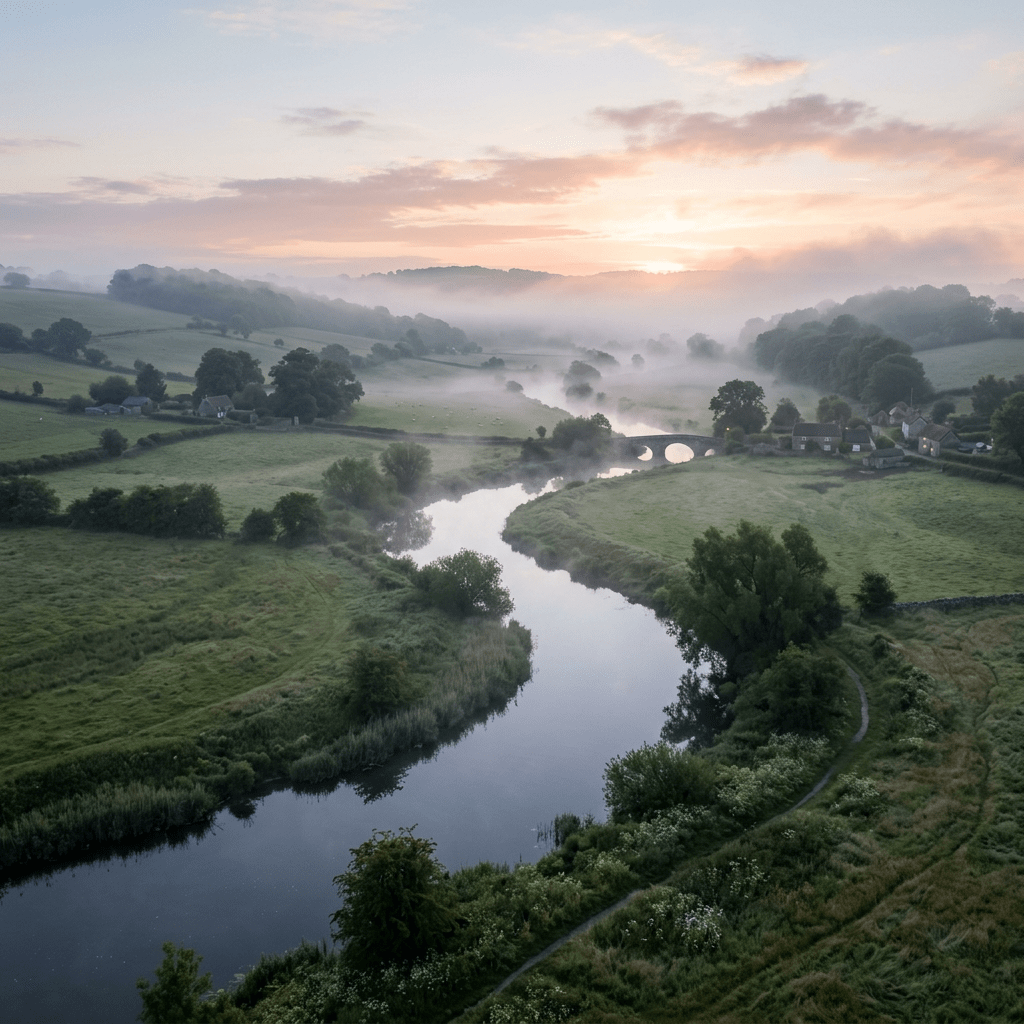 Misty river winding through green fields beneath a rising sun