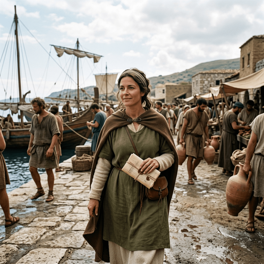 Woman carrying a letter through an ancient harbor market