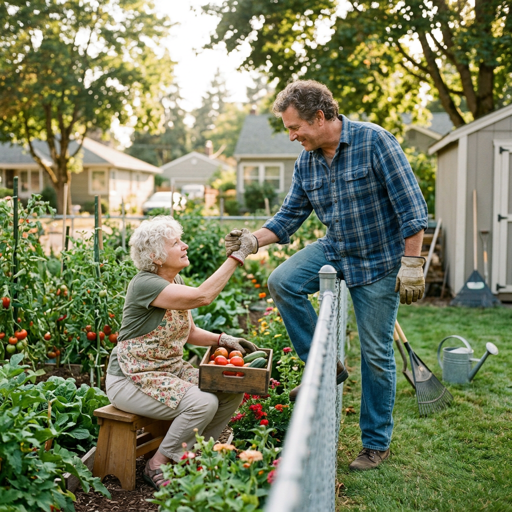 Two neighbors exchanging a handshake beside a vegetable garden and harvest crate