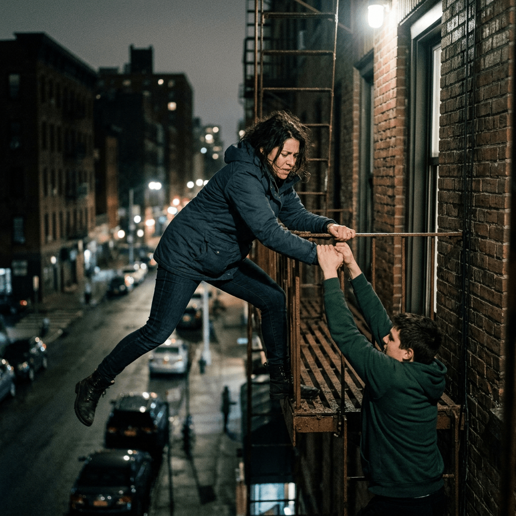 Man helping woman onto a fire escape above a city street