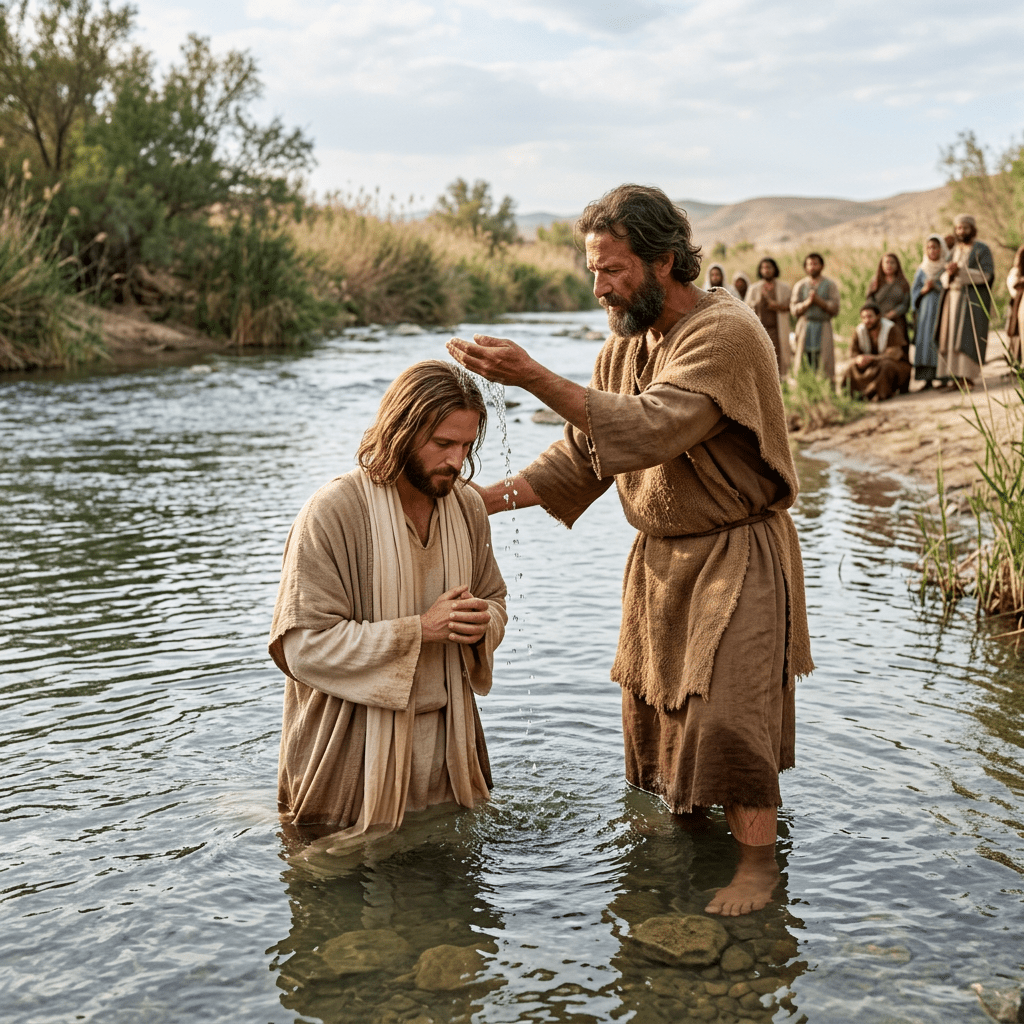 A robed man baptizes another person in a river before onlookers.