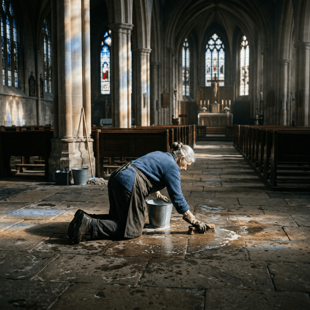Caretaker kneeling and scrubbing a cathedral floor with a bucket and brush