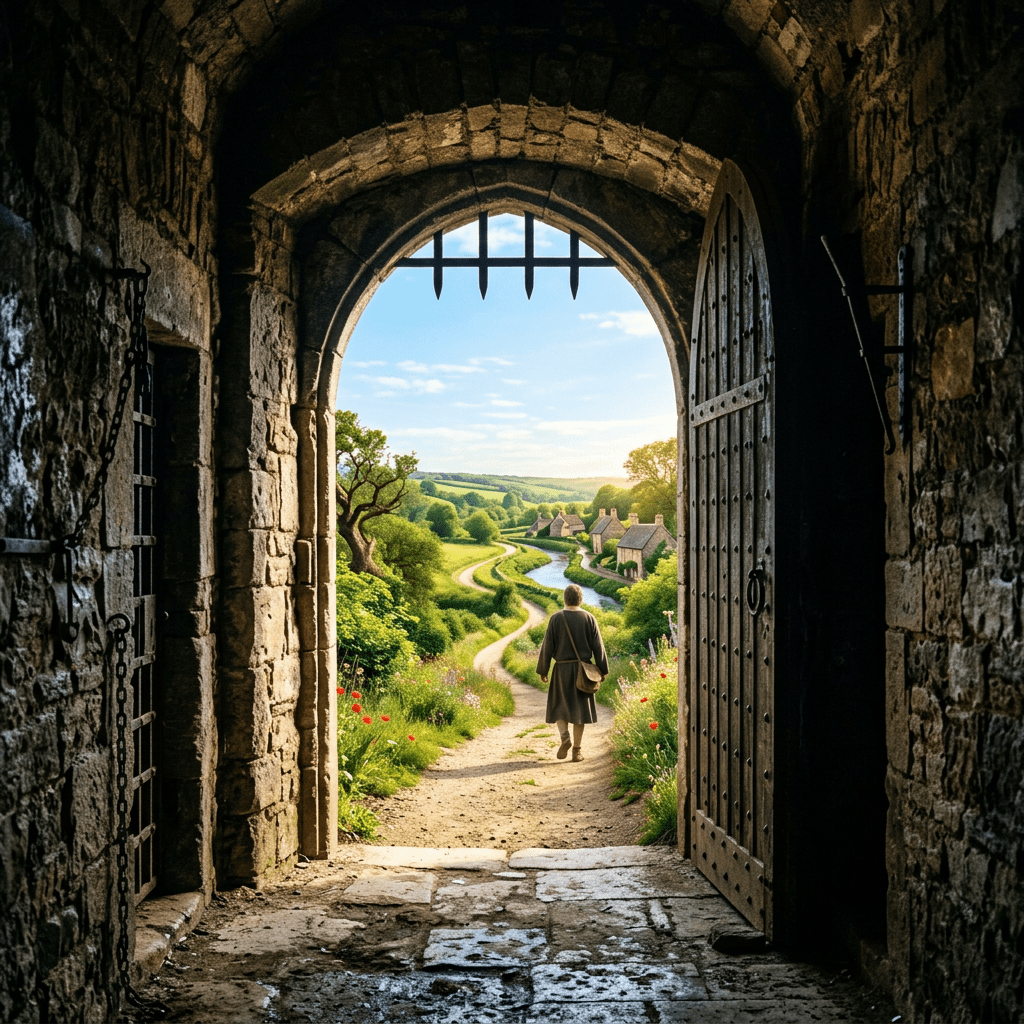 Traveler walking through a medieval stone gate toward a village landscape