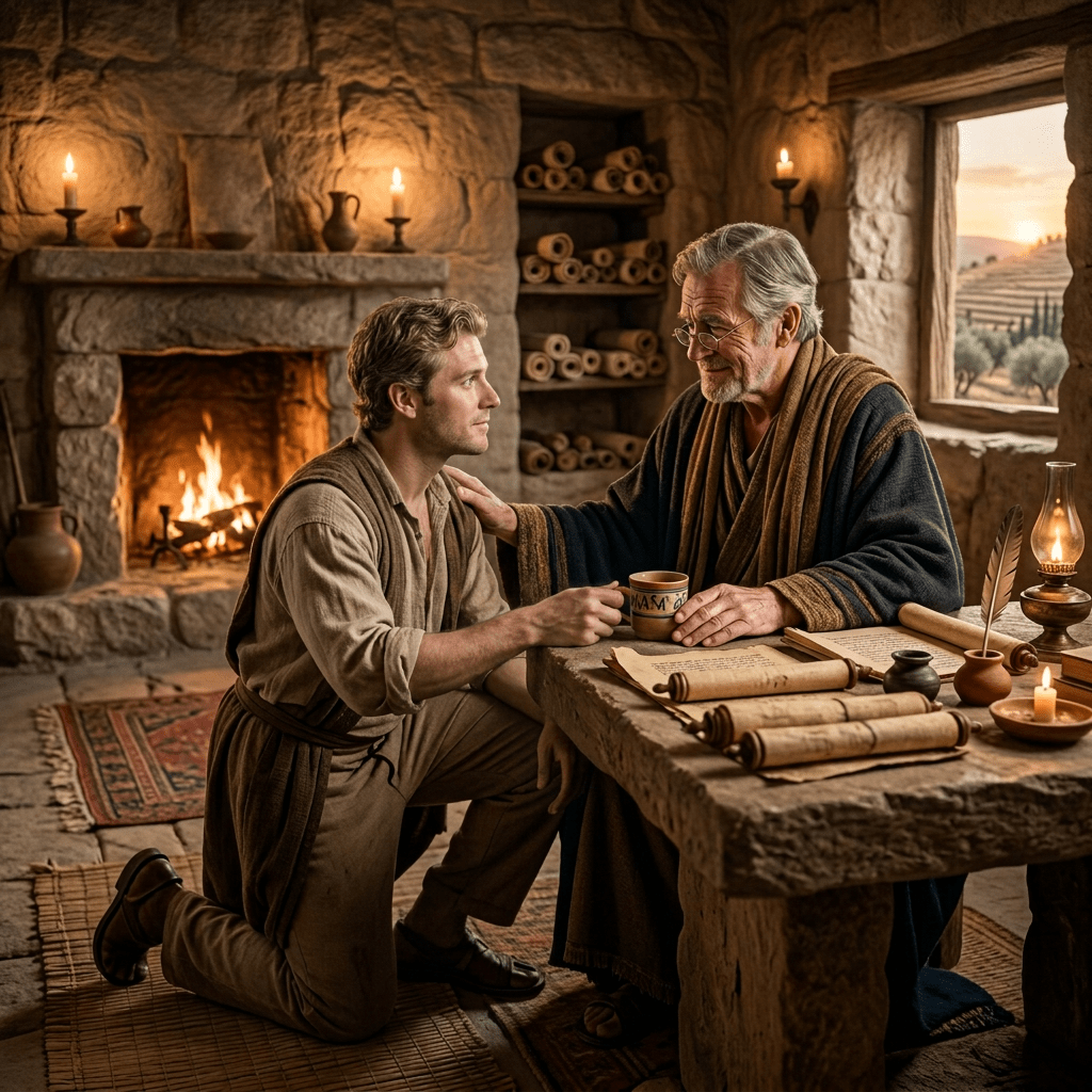 Older man offering comfort to kneeling man beside a fireplace
