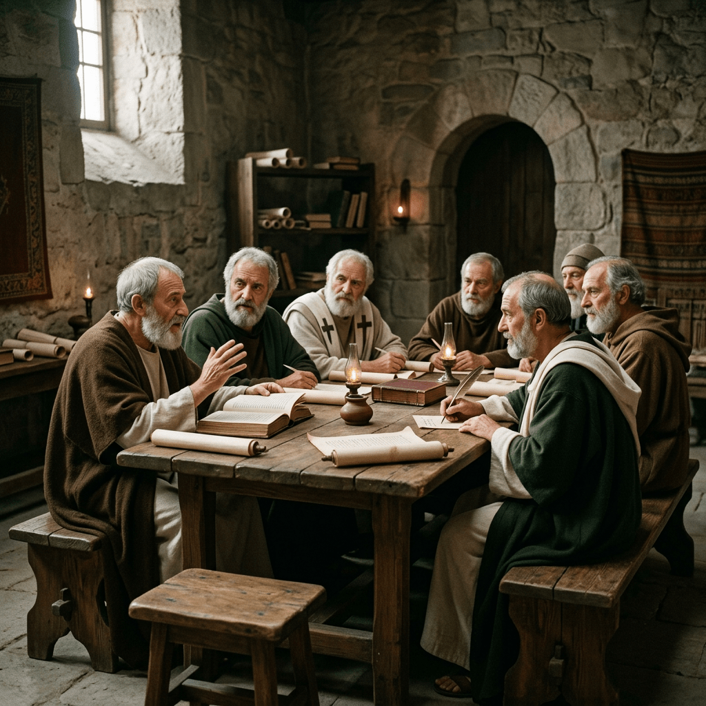 Bearded clerics studying manuscripts around a wooden table