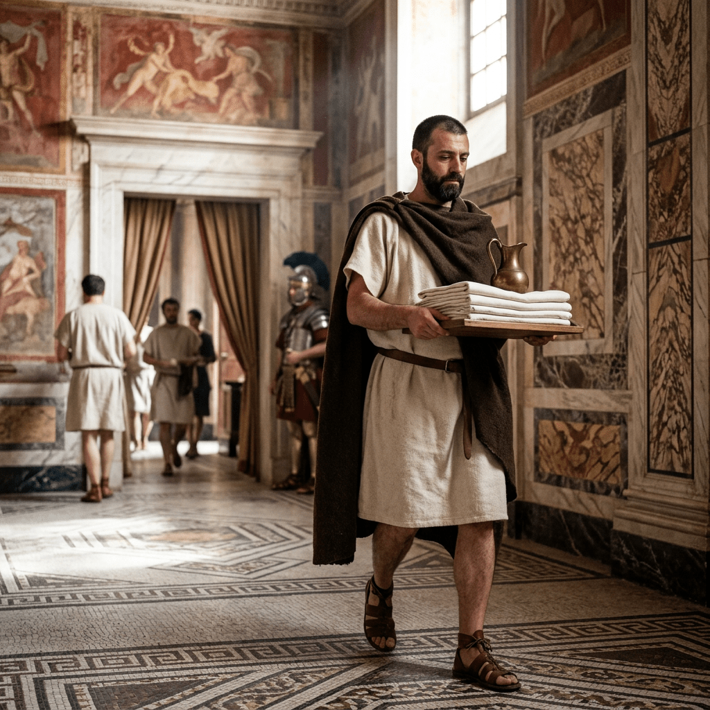 Roman servant carrying folded linens and a bronze jug through a villa