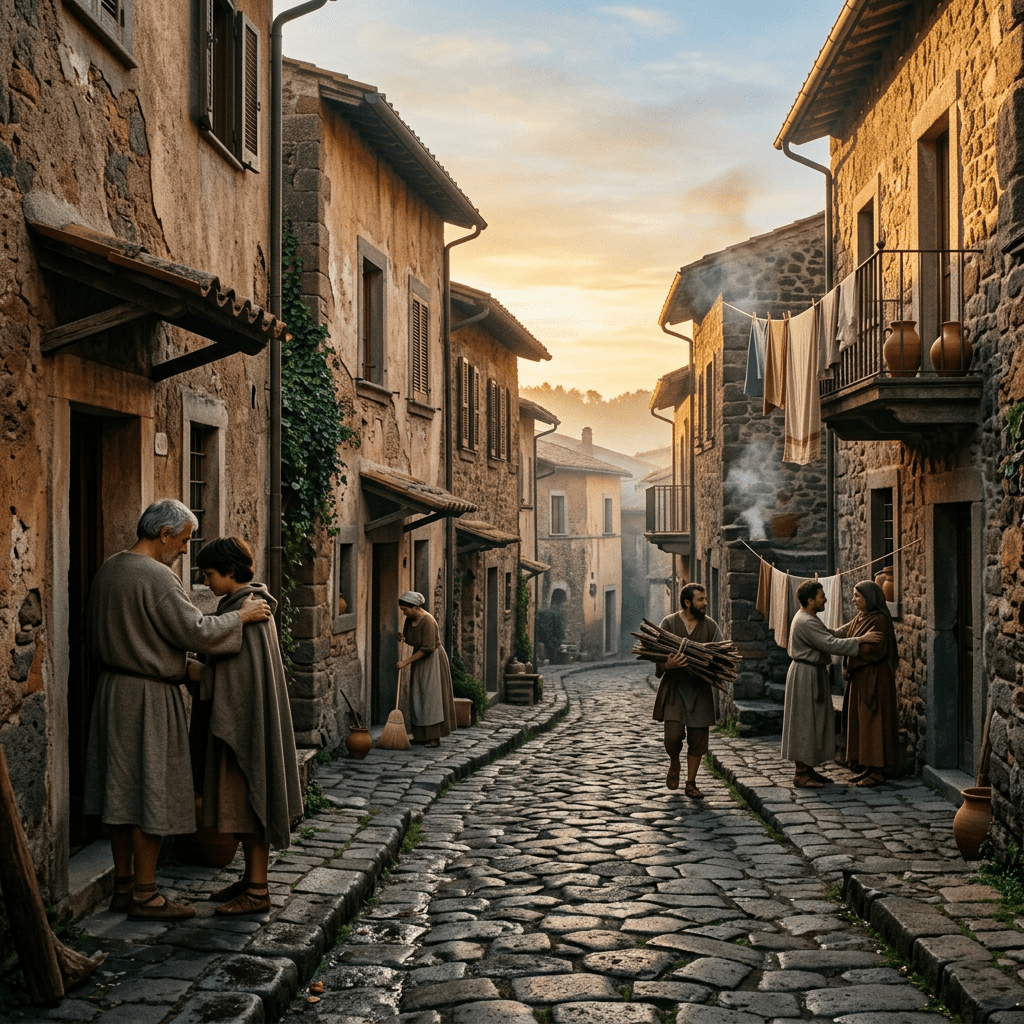 People gathering on a historic cobblestone village street at sunset