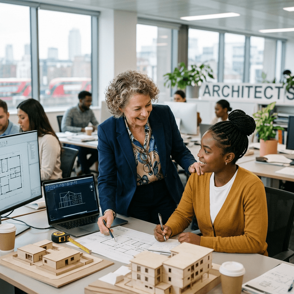Two architects reviewing floor plans beside architectural models