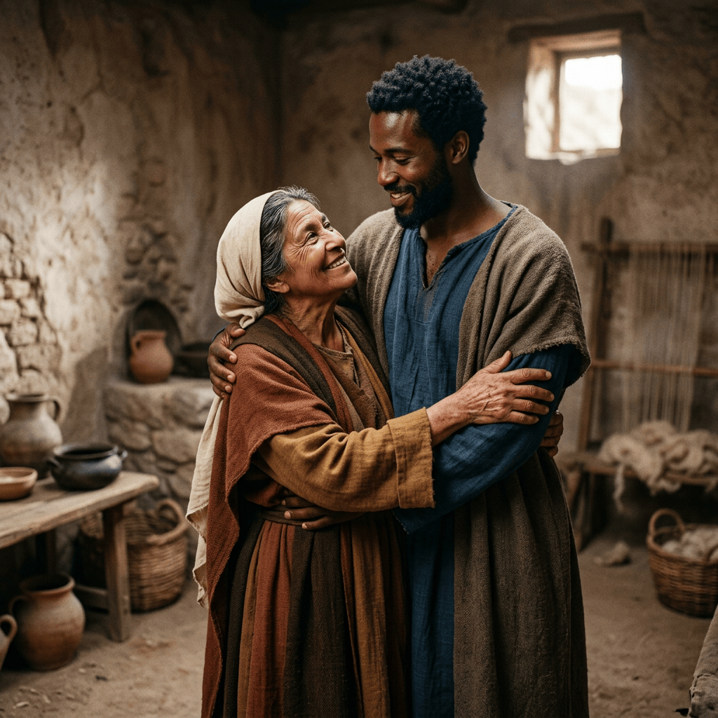 Older woman and younger man smiling while embracing in a rustic home