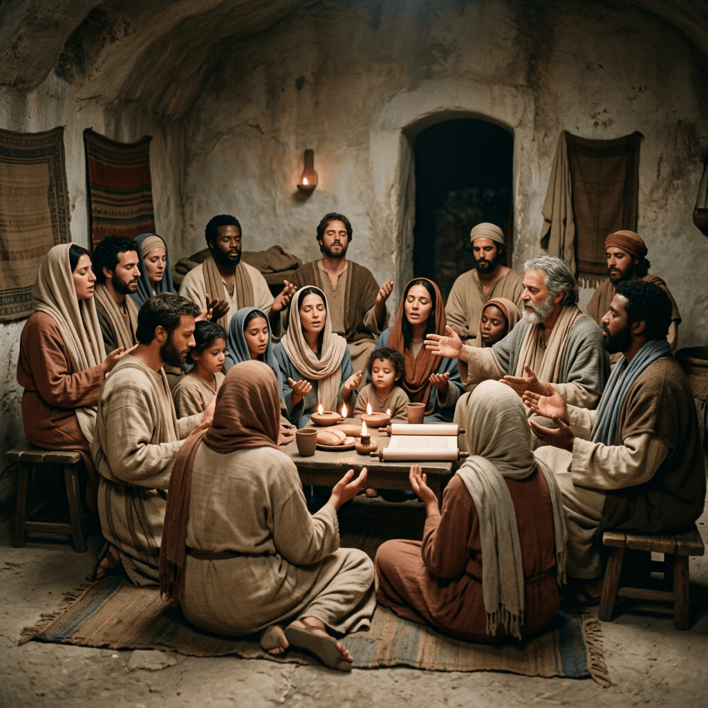 Diverse group praying around a candlelit table inside a rustic room