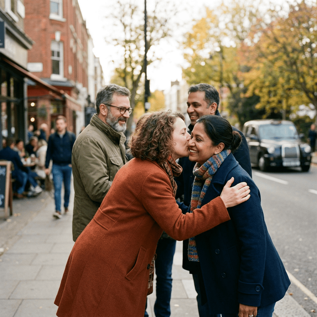 Friends greeting each other on a city sidewalk in autumn