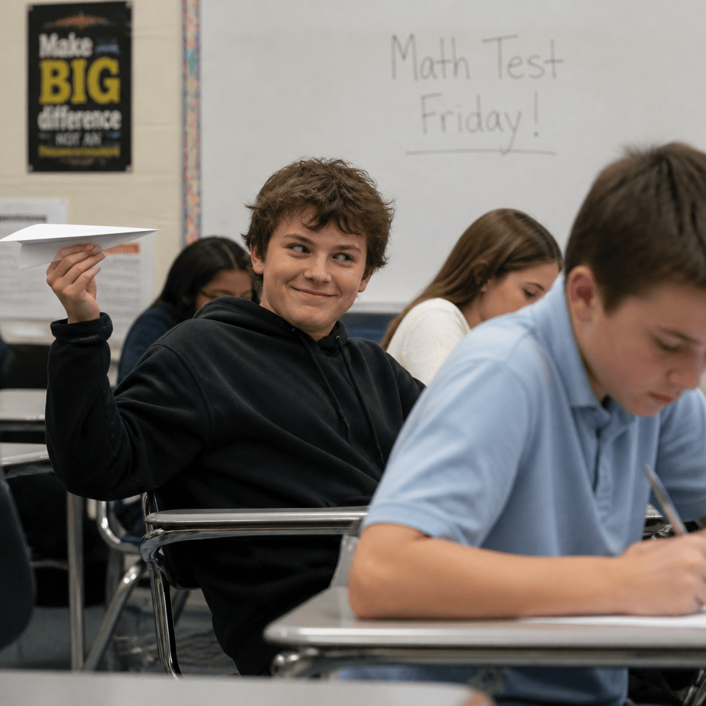 Student holds paper airplane in class; whiteboard reads “Math Test Friday!”