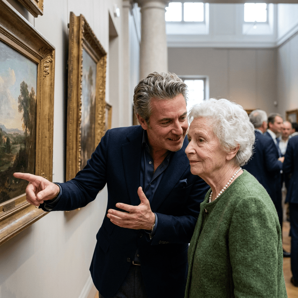 Two visitors discussing a framed landscape painting in an art gallery