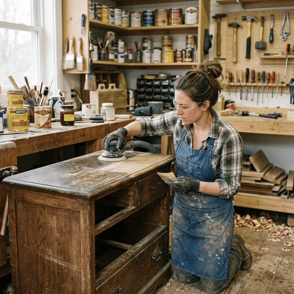Craftsperson wearing safety glasses sands a wooden cabinet with an orbital sander