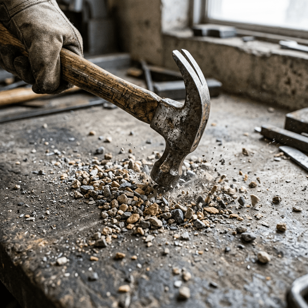 Gloved hand striking scattered stones with a claw hammer on a workshop bench