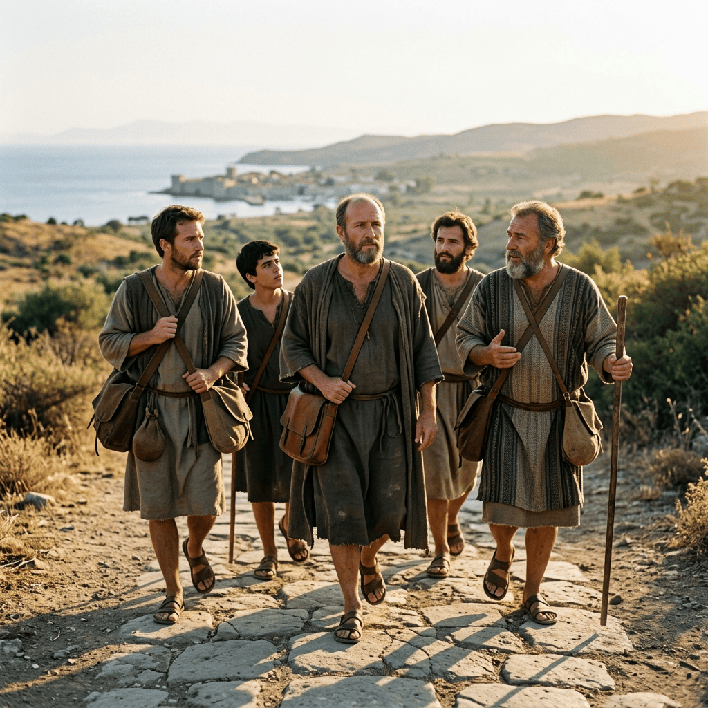 Five men in ancient clothing walking along a coastal hillside path