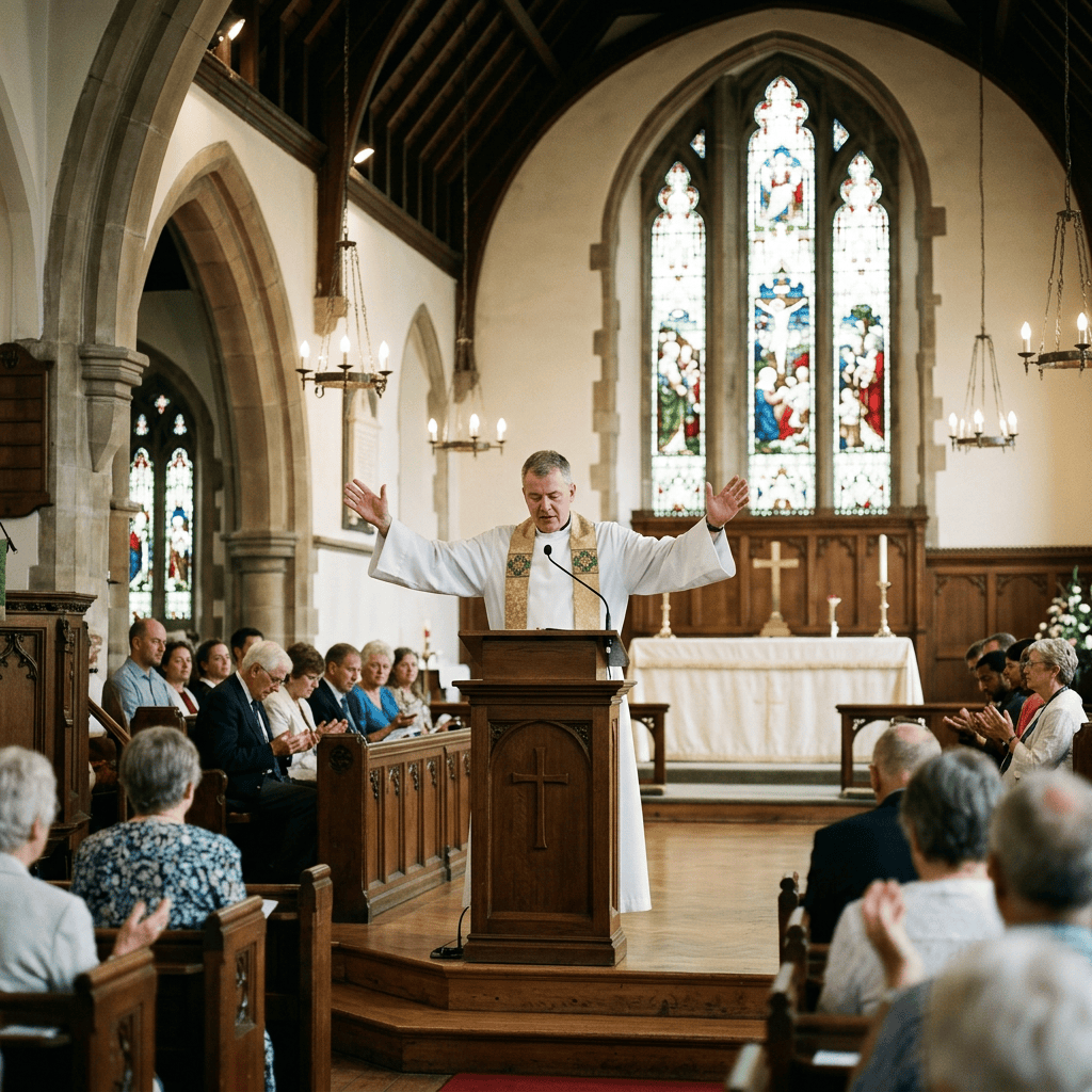 Pastor leading worship from a pulpit before a seated congregation