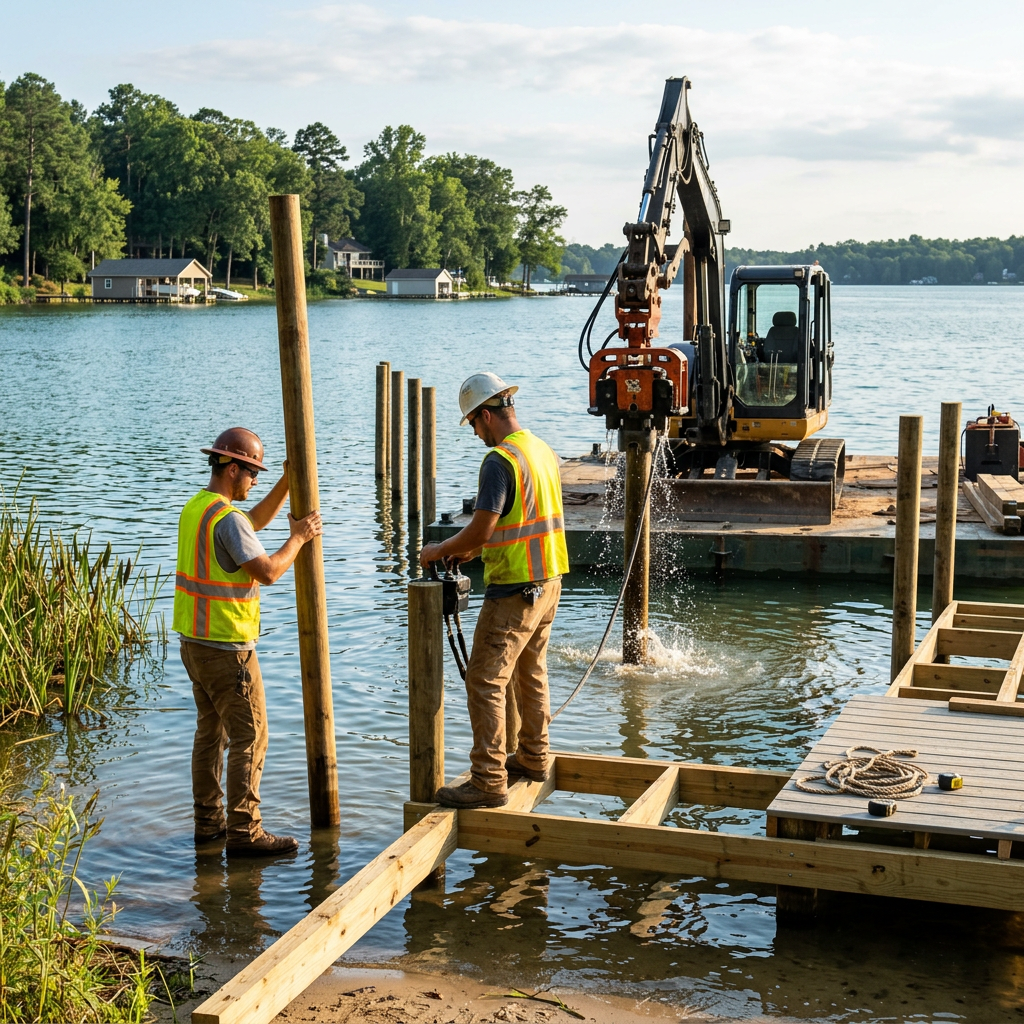 Two workers install wooden pilings beside a lake using a mounted construction machine