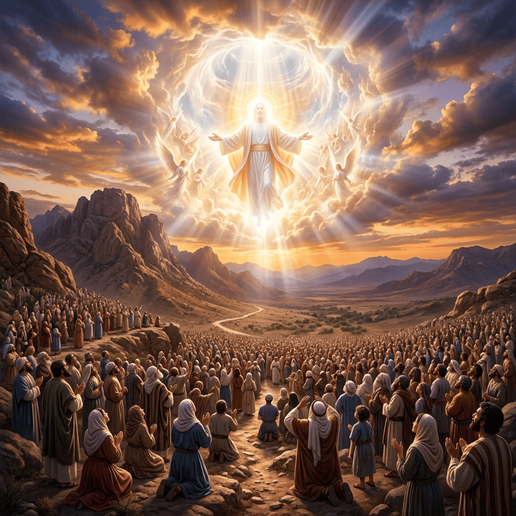 Radiant angelic figure above a worshiping crowd in a mountain valley