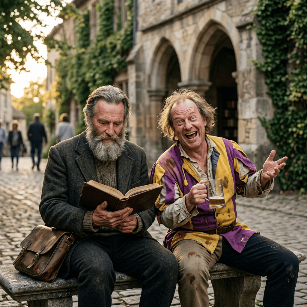 Bearded man reading a book beside a smiling man holding a beer mug