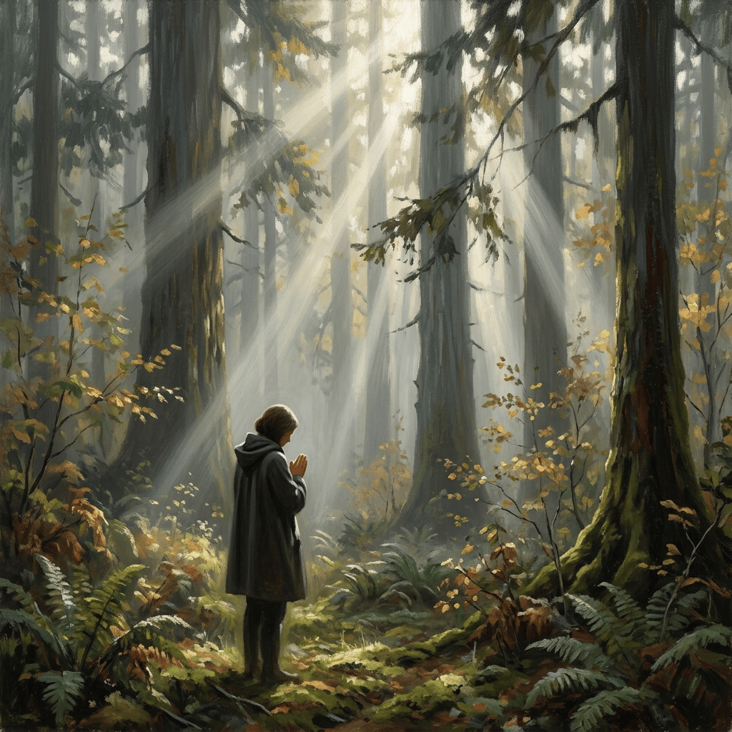 Person praying alone in a sunlit autumn forest