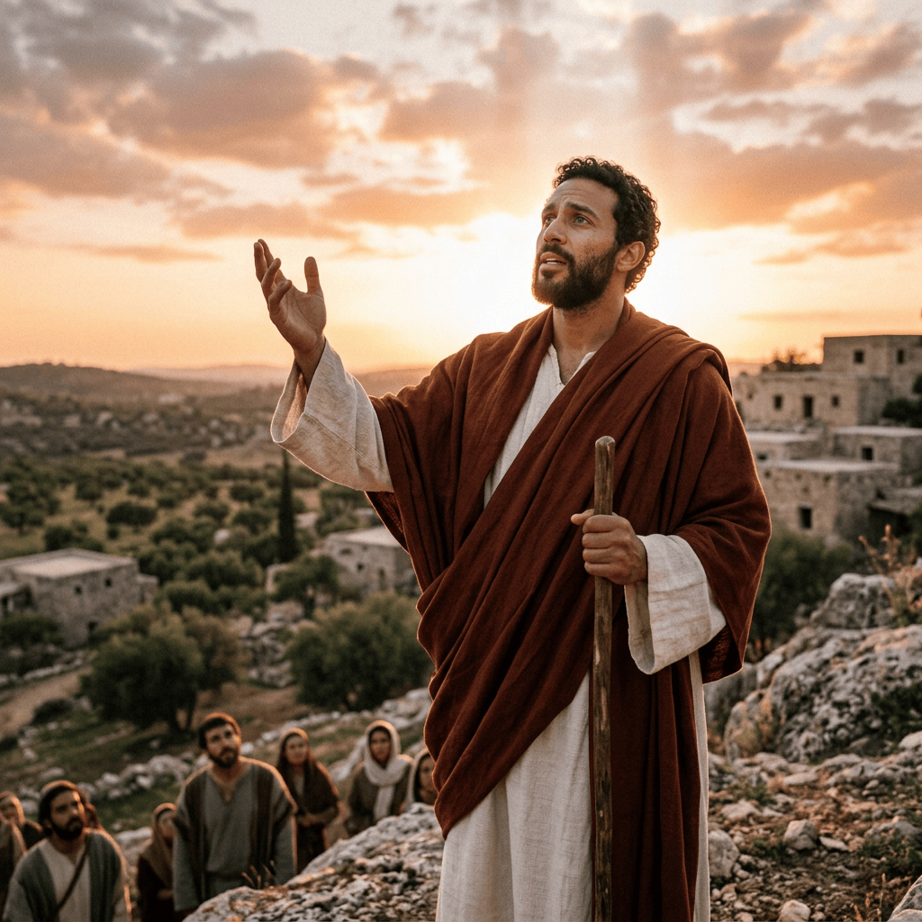 Bearded robed man holding a staff addresses people at sunset