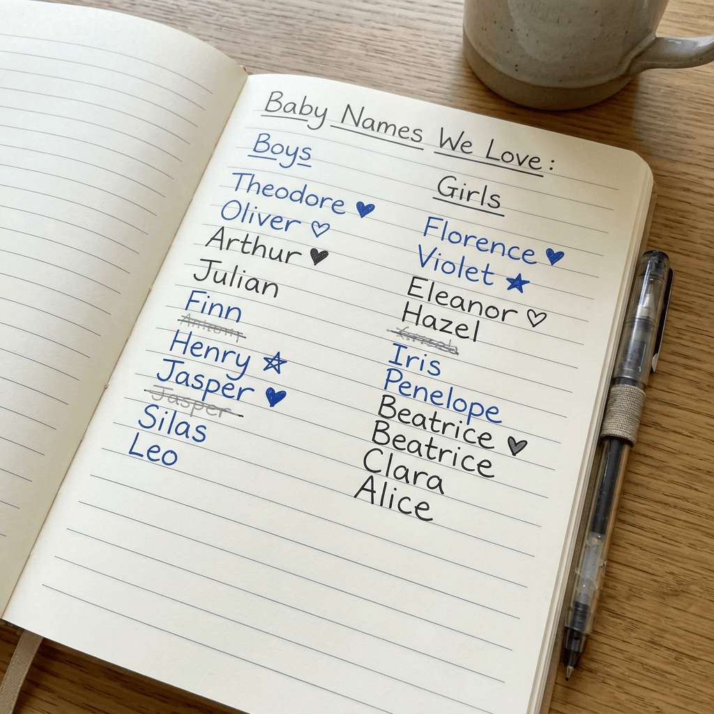 Notebook reading “Baby Names We Love:” with boys’ and girls’ names, hearts, stars, and crossed-out entries.